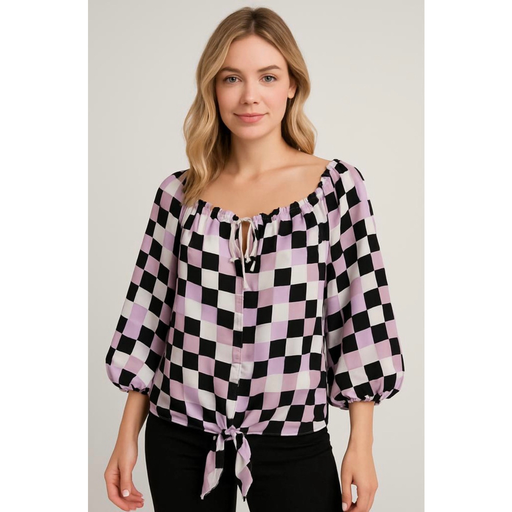 Cato Women's Blouse 18/20W Purple Black Tie Waist Gathered Neck Eclectic Grandpa